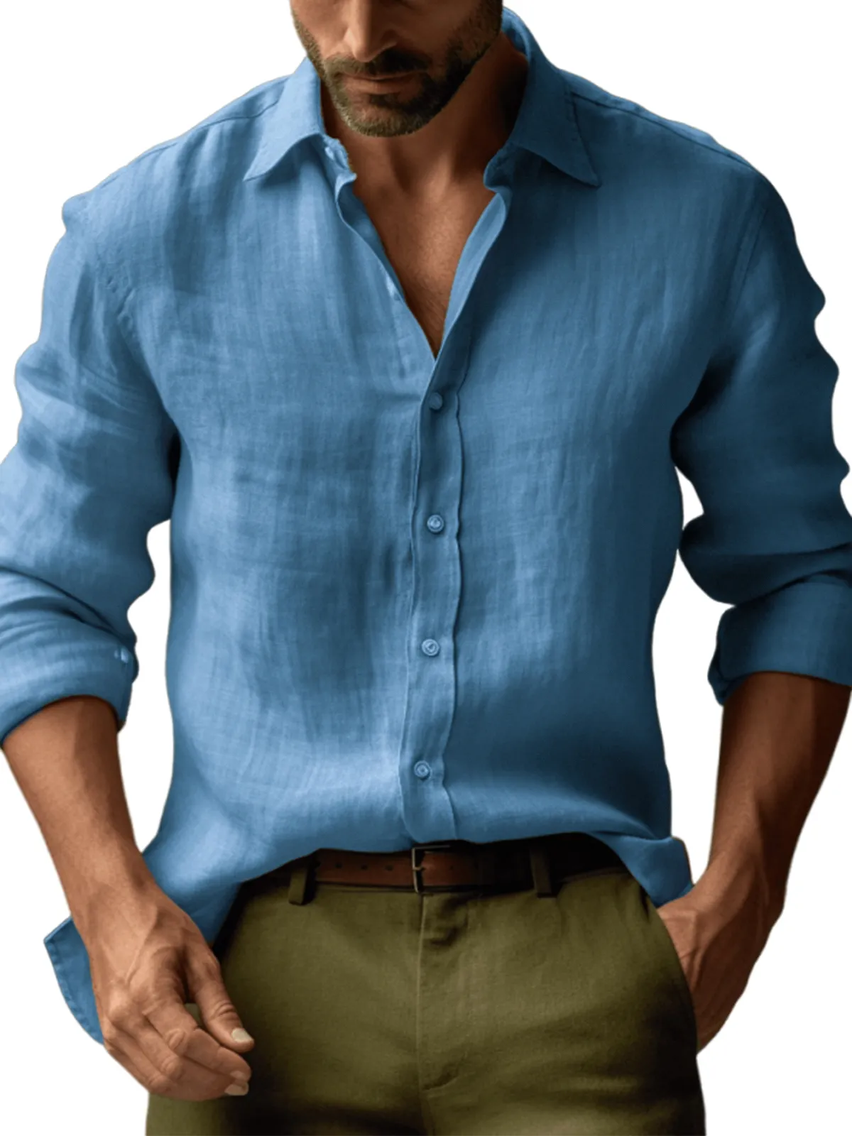 Men's Casual Linen Solid Color Long Sleeve Basic Daily Lapel Shirt