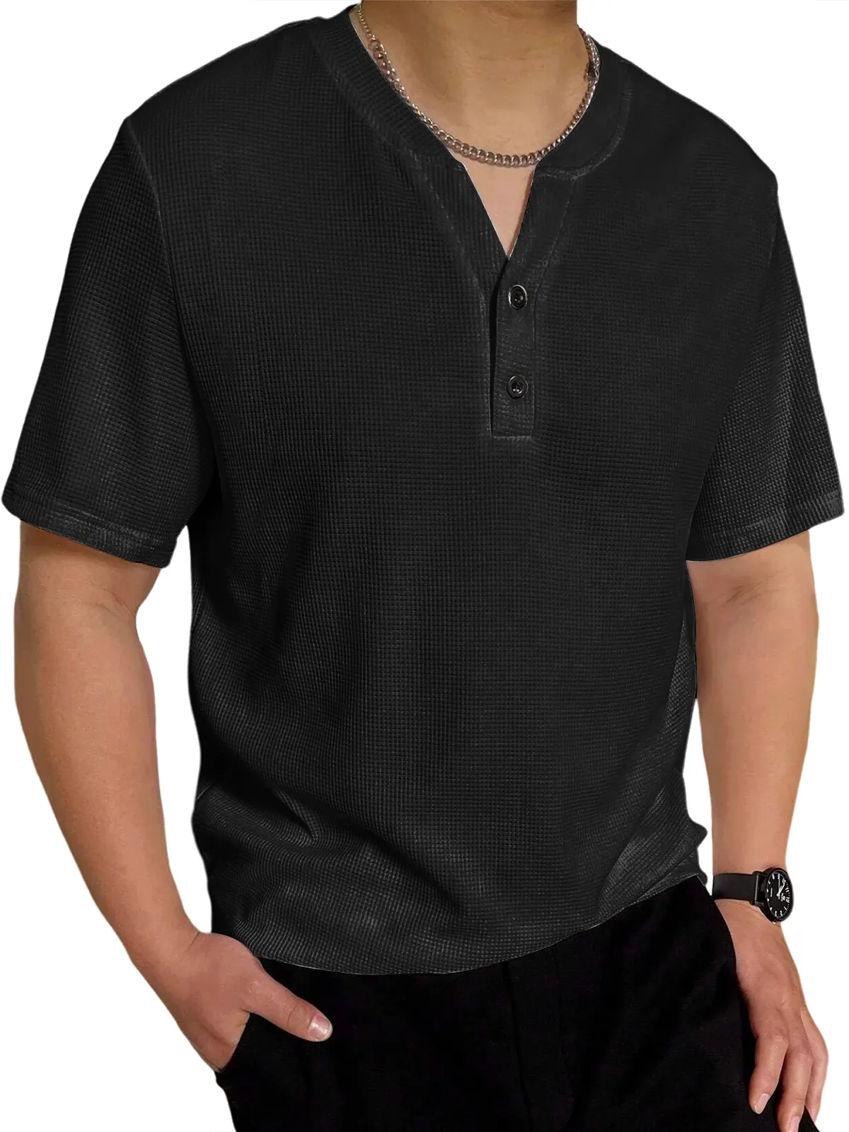 Men's waffle V-neck casual solid color two-button short-sleeved henley shirt