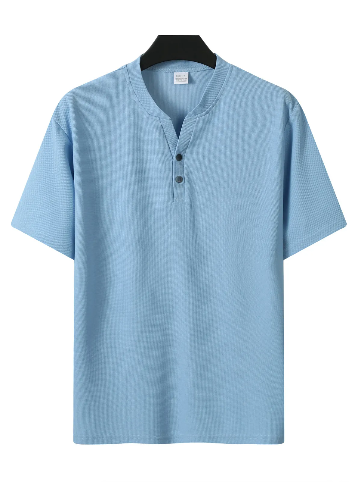 Men's waffle V-neck casual solid color two-button short-sleeved henley shirt