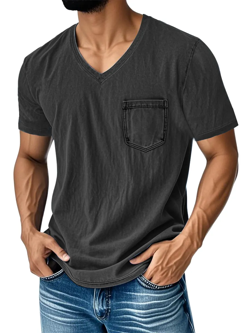 Men's Washed And Distressed Retro V-neck Pocket Casual Short-sleeved T-shirt