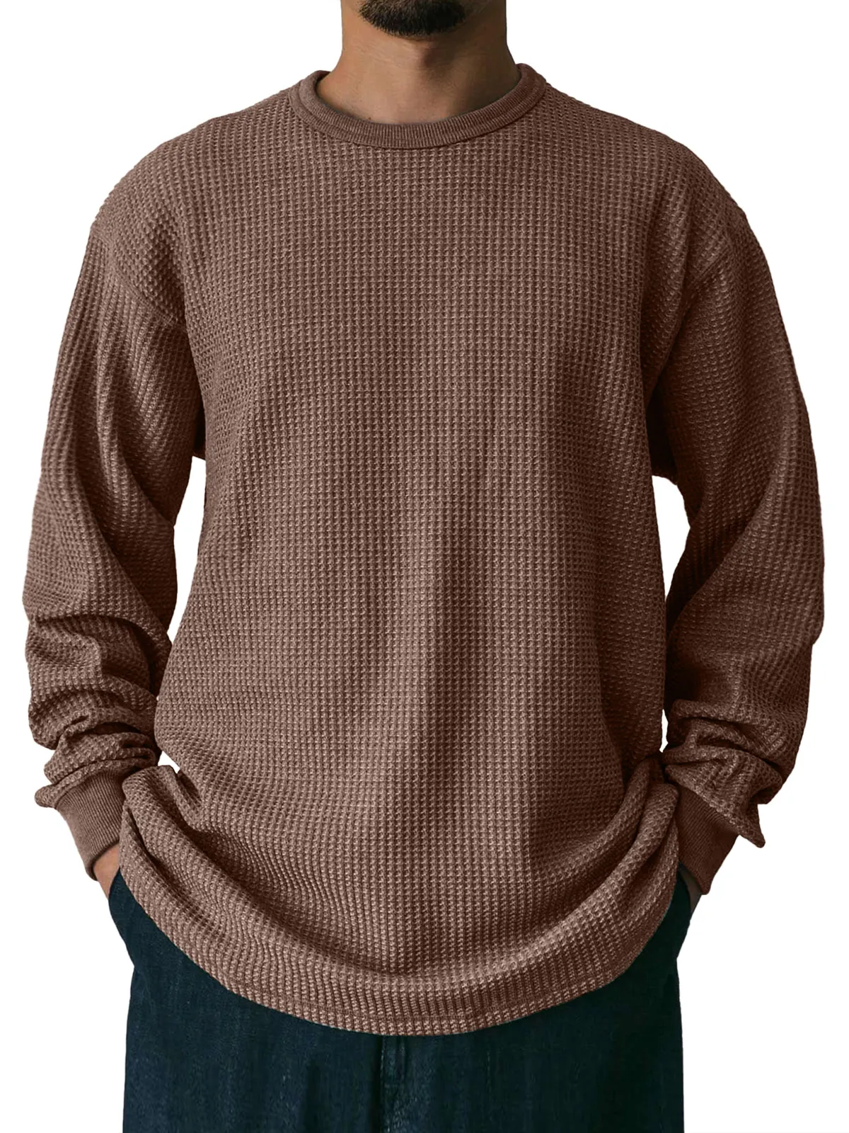 Men's Waffle Round Neck Casual Solid Color Long Sleeve T-Shirt