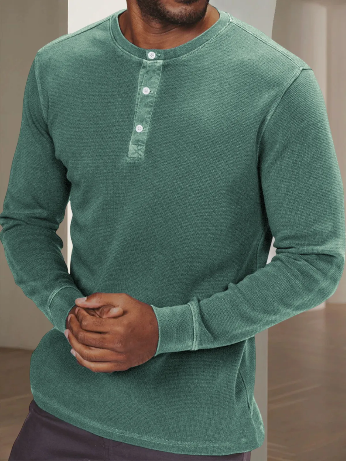 Men's Waffle Retro Dyed Distressed Trendy Casual Long Sleeve Henley Shirt Top