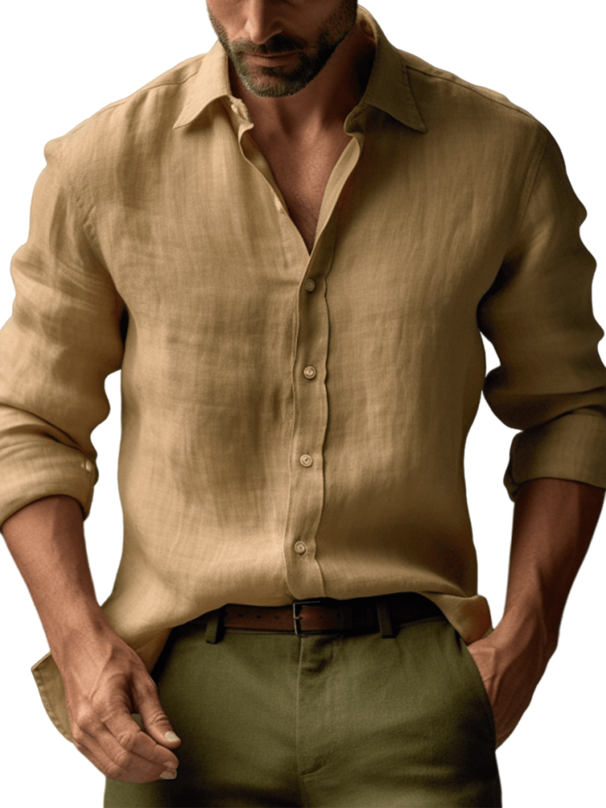 Men's Casual Linen Solid Color Long Sleeve Basic Daily Lapel Shirt