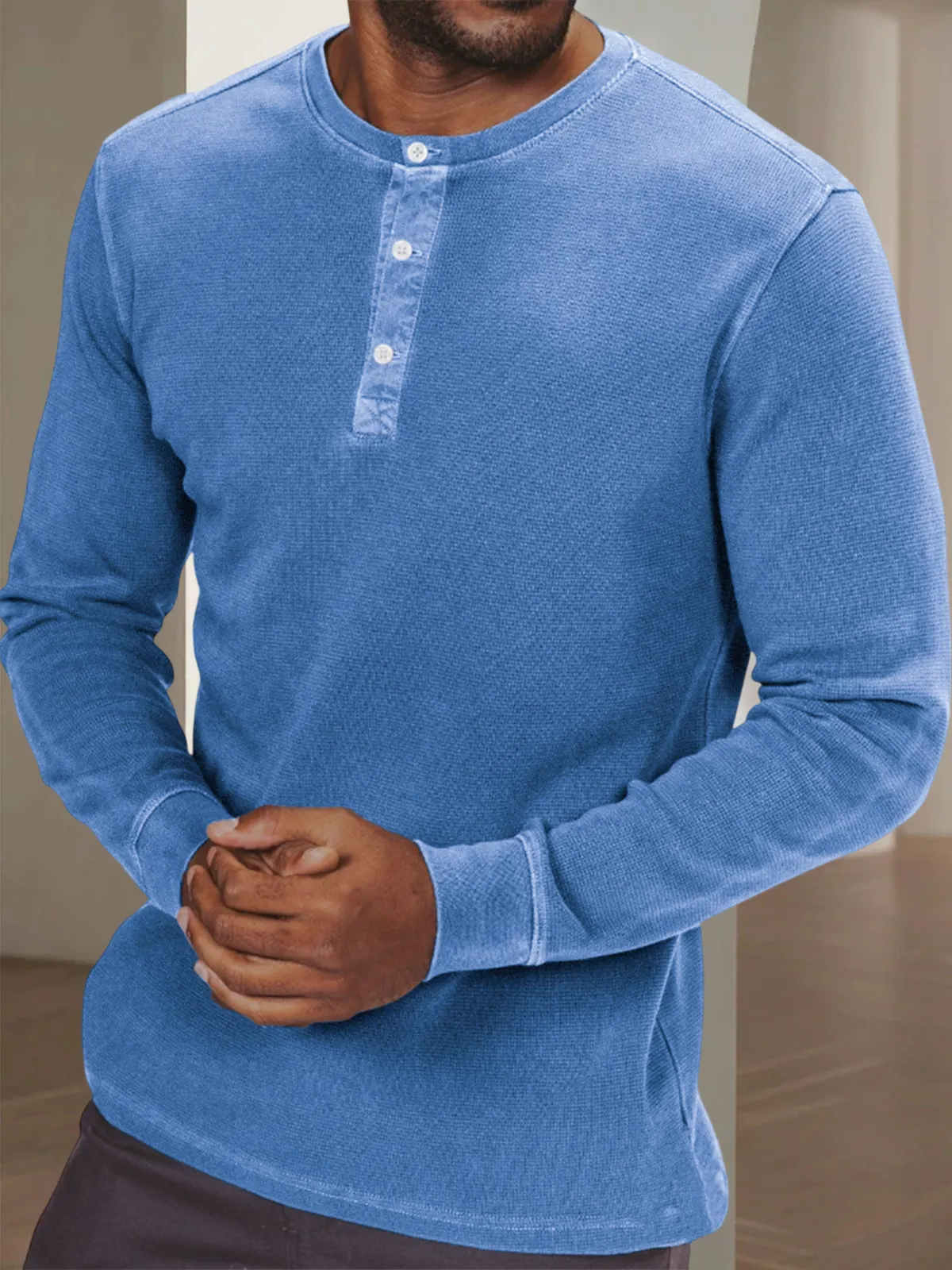 Men's Waffle Retro Dyed Distressed Trendy Casual Long Sleeve Henley Shirt Top