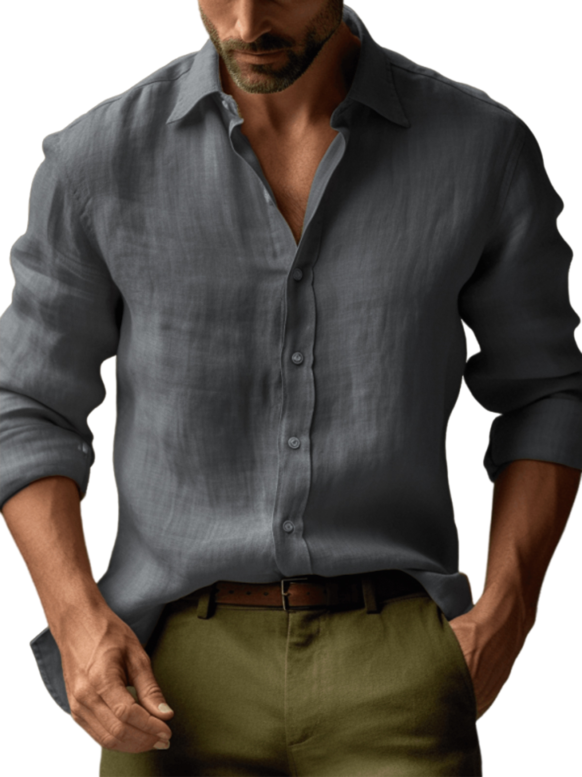 Men's Casual Linen Solid Color Long Sleeve Basic Daily Lapel Shirt