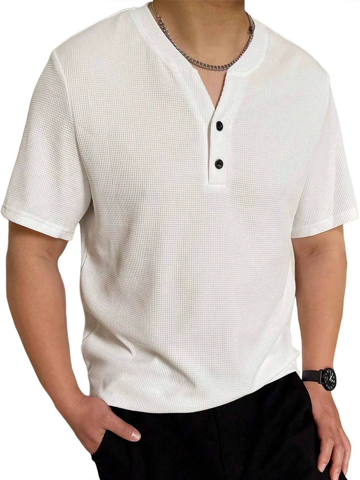 Men's waffle V-neck casual solid color two-button short-sleeved henley shirt