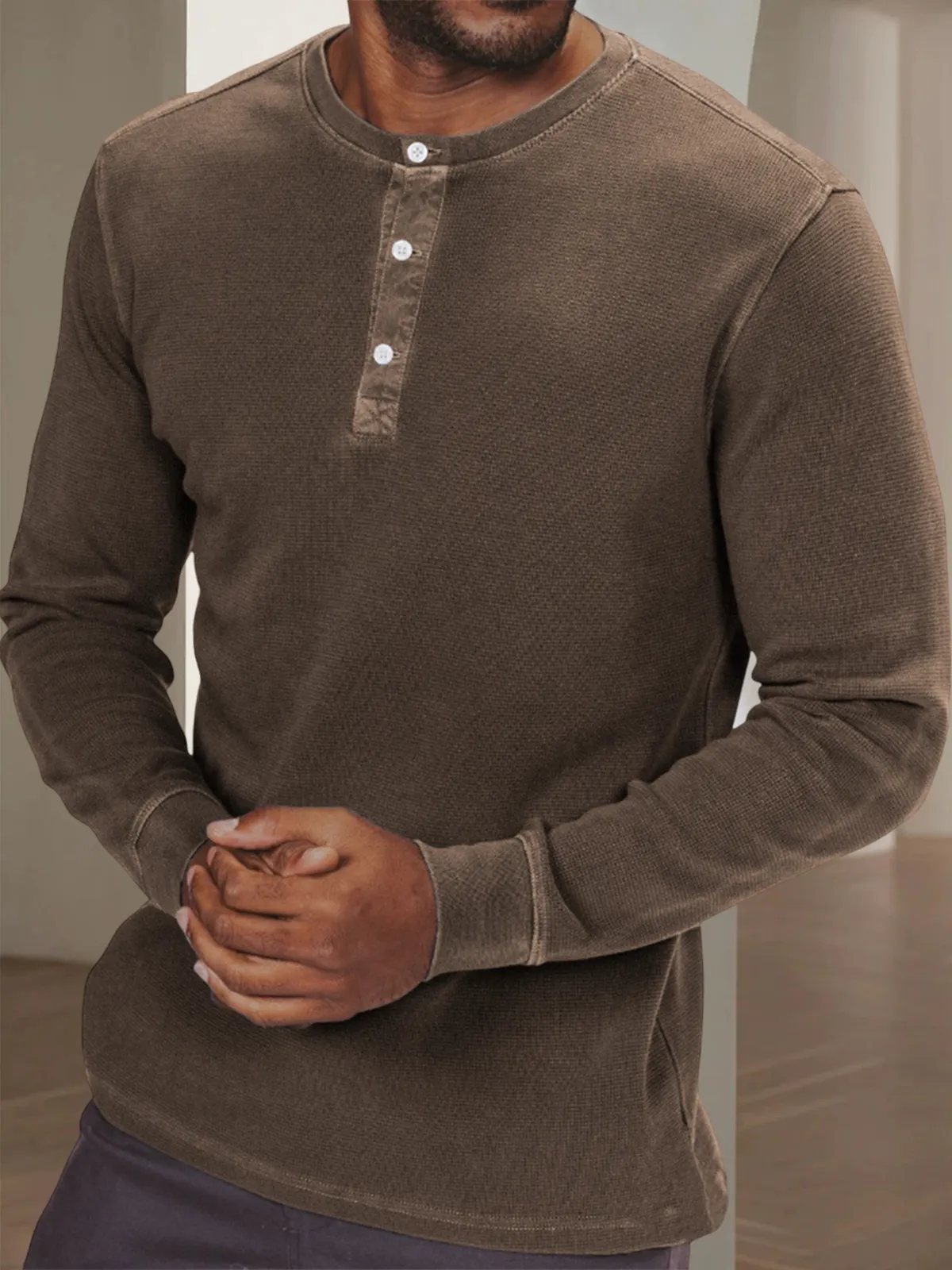 Men's Waffle Retro Dyed Distressed Trendy Casual Long Sleeve Henley Shirt Top