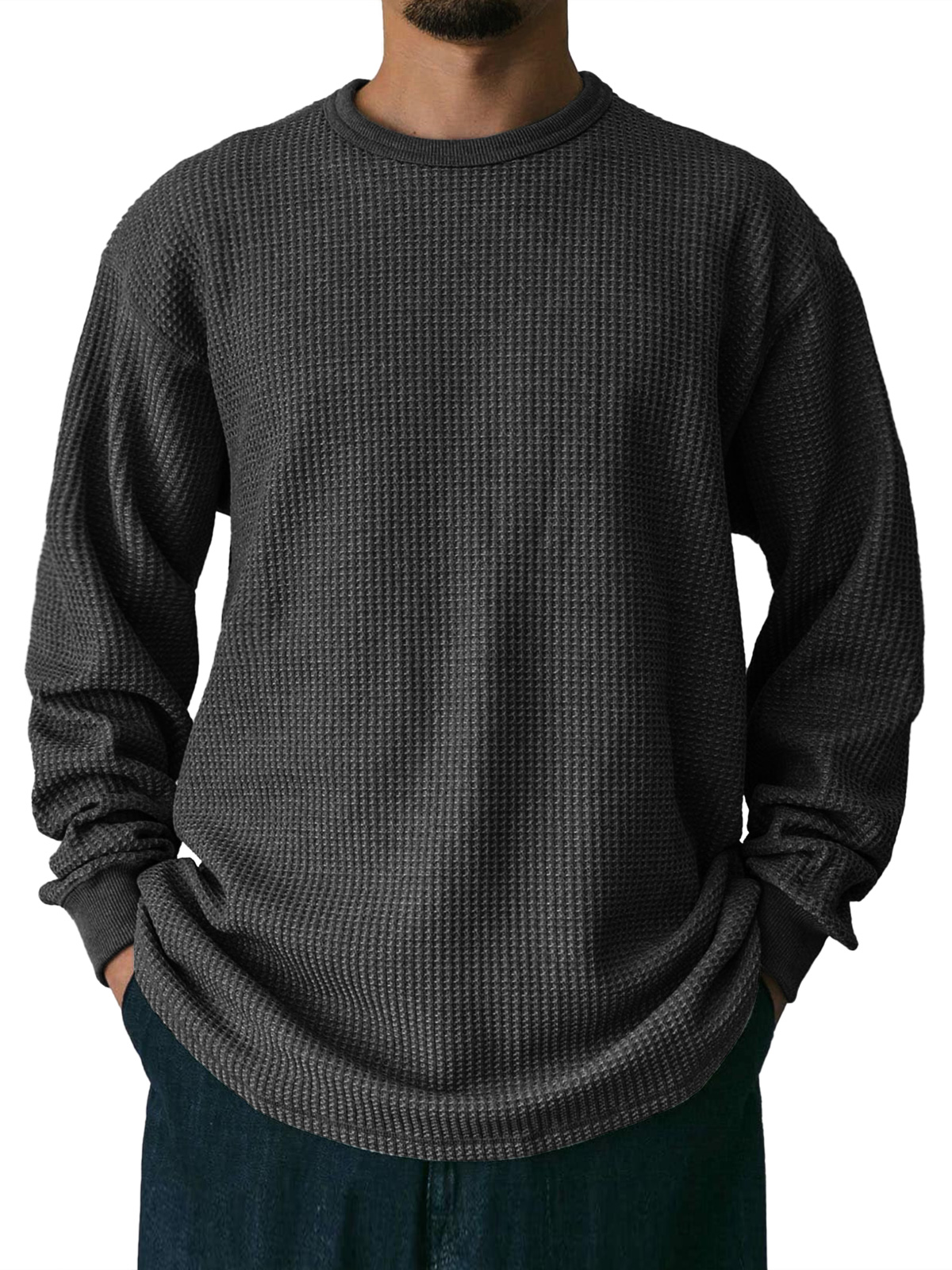 Men's Waffle Round Neck Casual Solid Color Long Sleeve T-Shirt