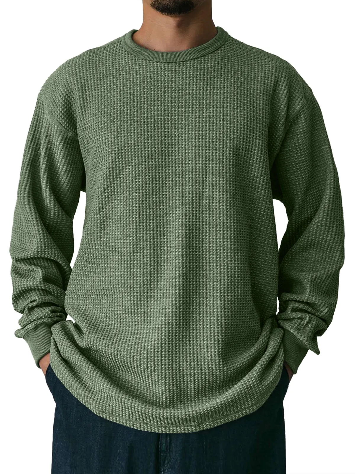 Men's Waffle Round Neck Casual Solid Color Long Sleeve T-Shirt