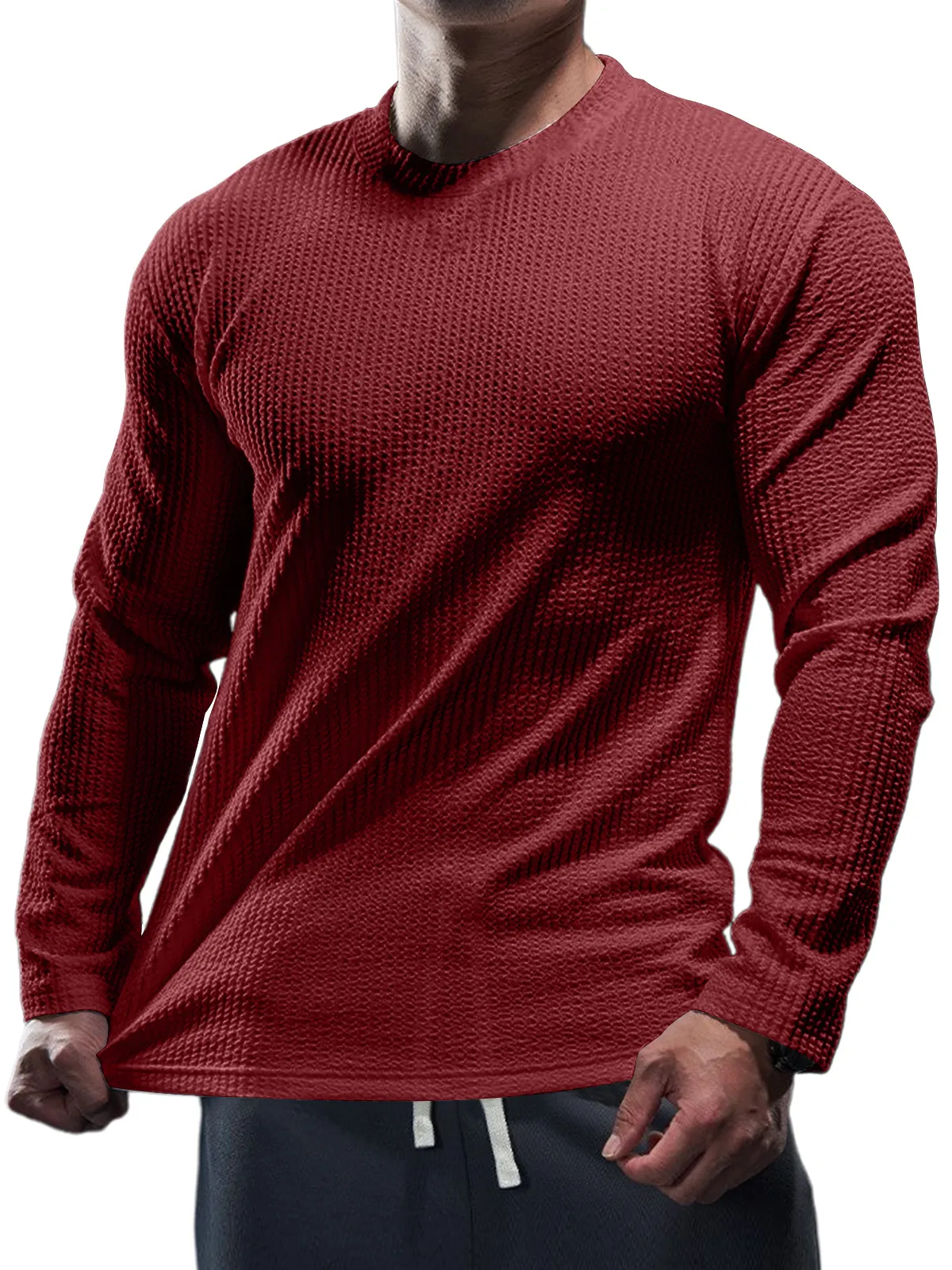Men's Casual Round Neck Vertical Stripe Solid Color Long-sleeved T-shirt