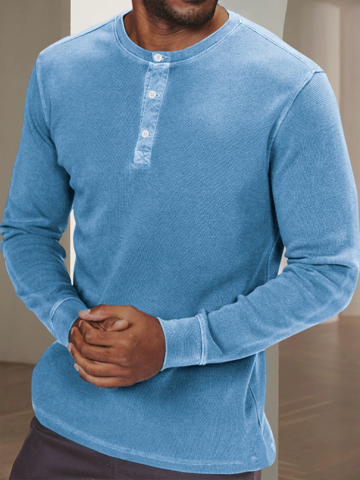 Men's Waffle Retro Dyed Distressed Trendy Casual Long Sleeve Henley Shirt Top