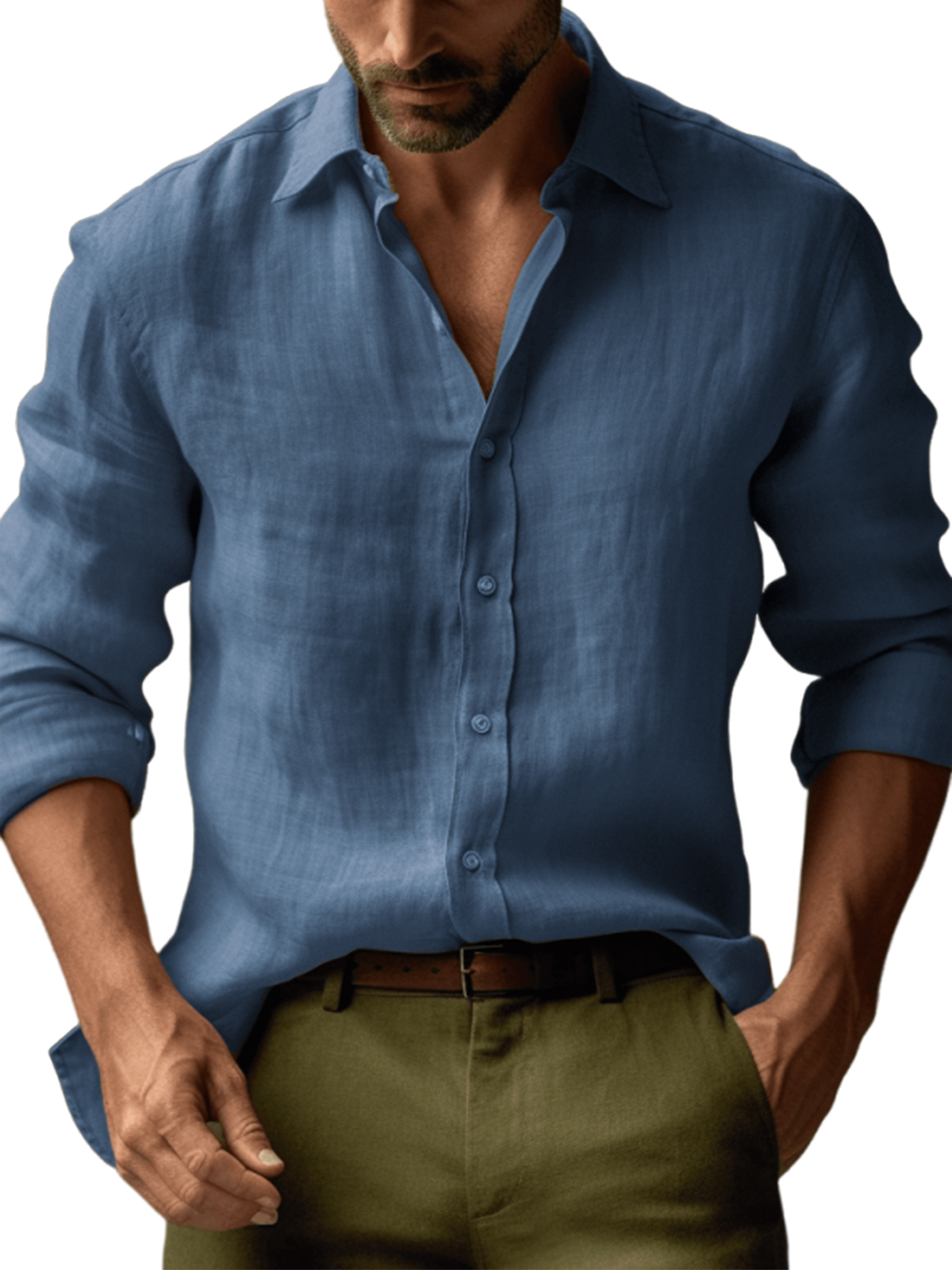 Men's Casual Linen Solid Color Long Sleeve Basic Daily Lapel Shirt