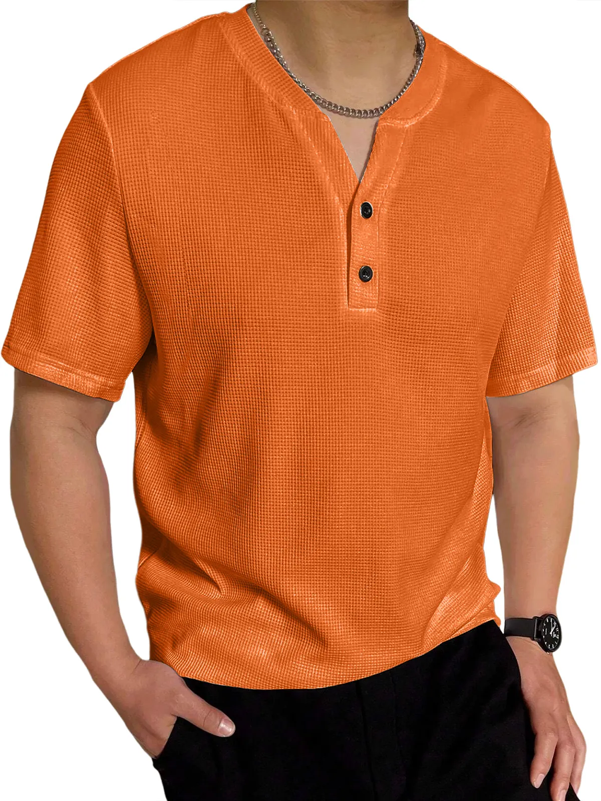 Men's waffle V-neck casual solid color two-button short-sleeved henley shirt