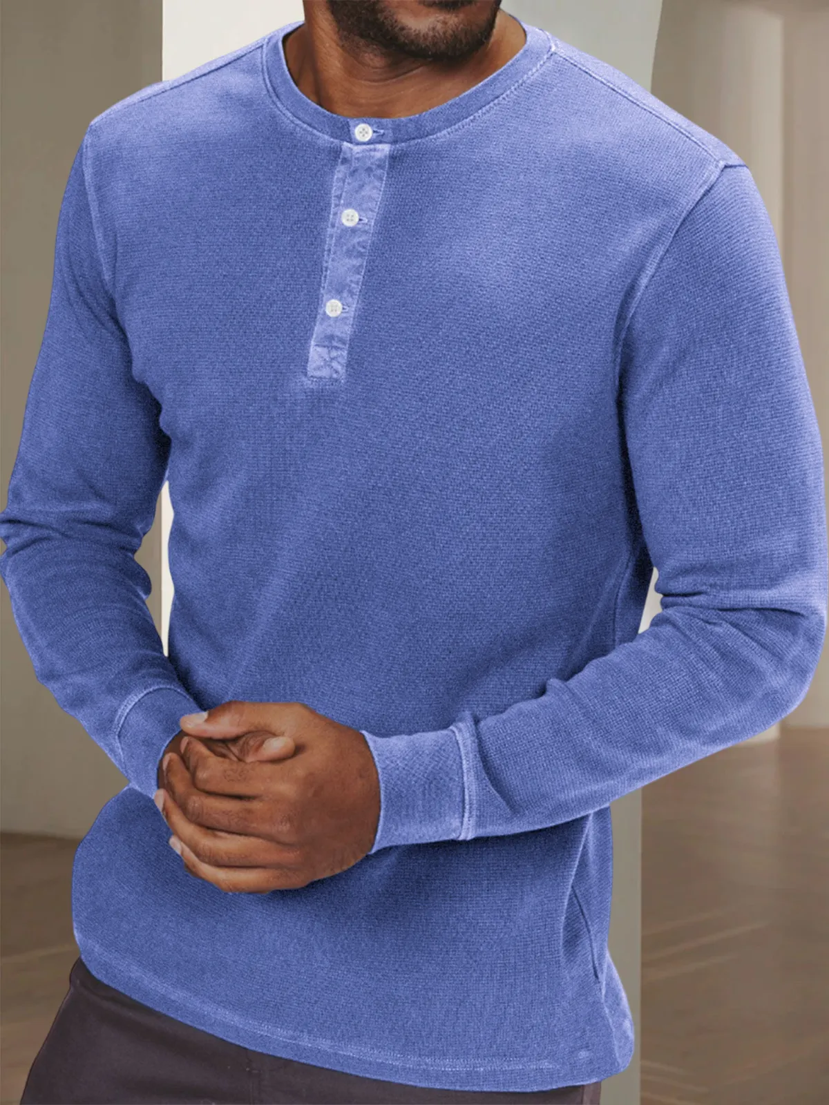 Men's Waffle Retro Dyed Distressed Trendy Casual Long Sleeve Henley Shirt Top