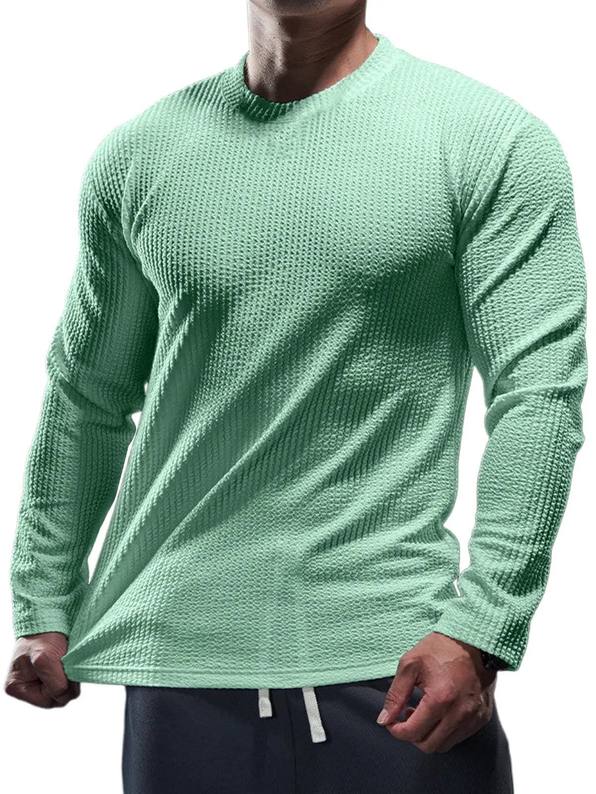 Men's Casual Round Neck Vertical Stripe Solid Color Long-sleeved T-shirt