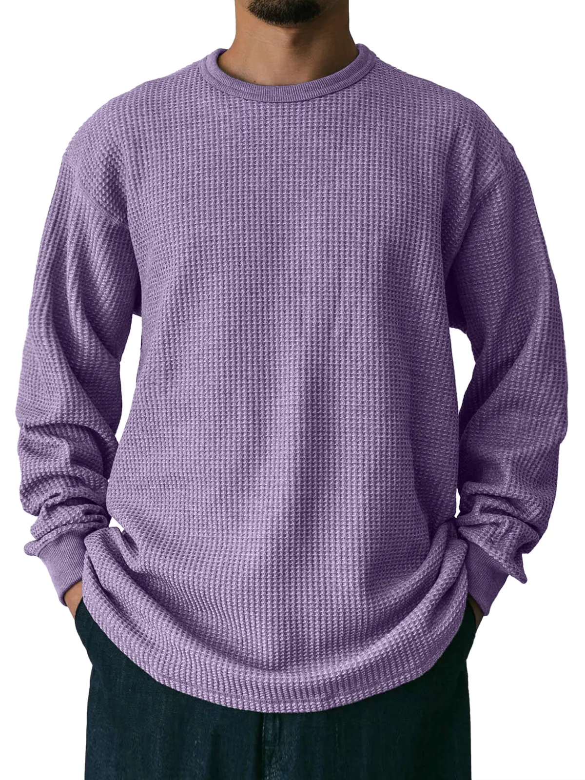 Men's Waffle Round Neck Casual Solid Color Long Sleeve T-Shirt