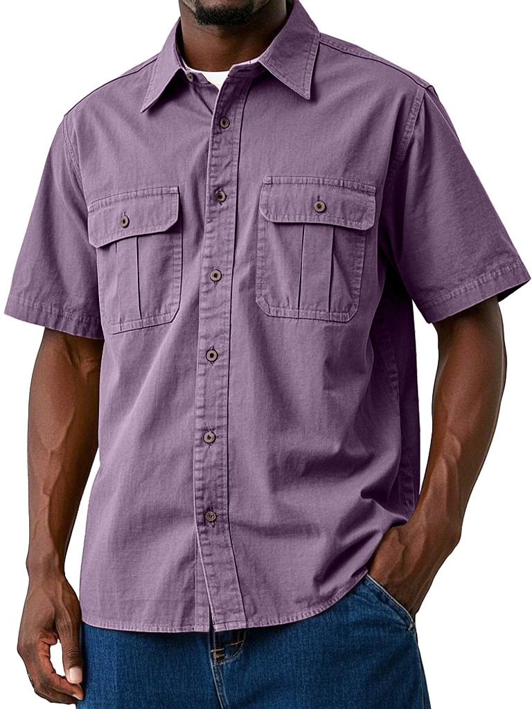 Men's Casual Workwear Double Pocket Solid Color Short-sleeved Shirt