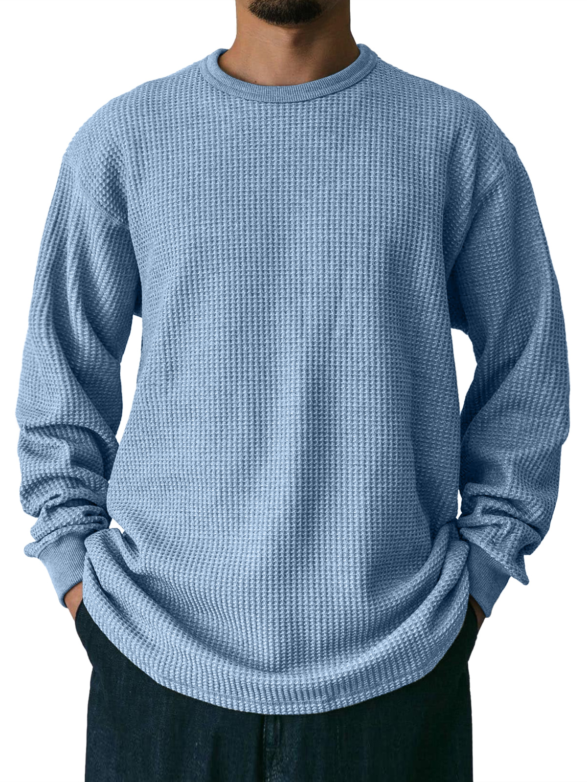 Men's Waffle Round Neck Casual Solid Color Long Sleeve T-Shirt