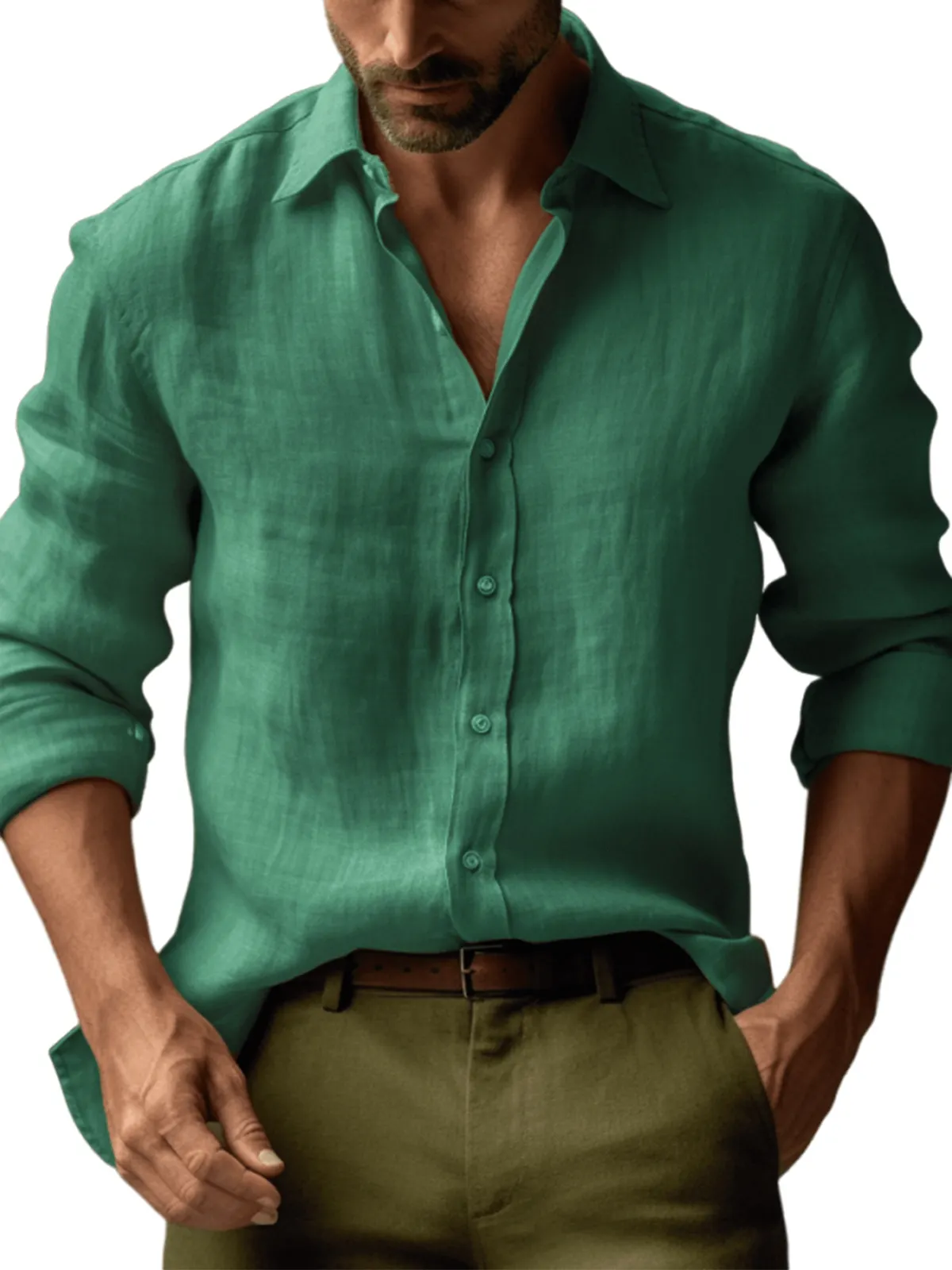 Men's Casual Linen Solid Color Long Sleeve Basic Daily Lapel Shirt