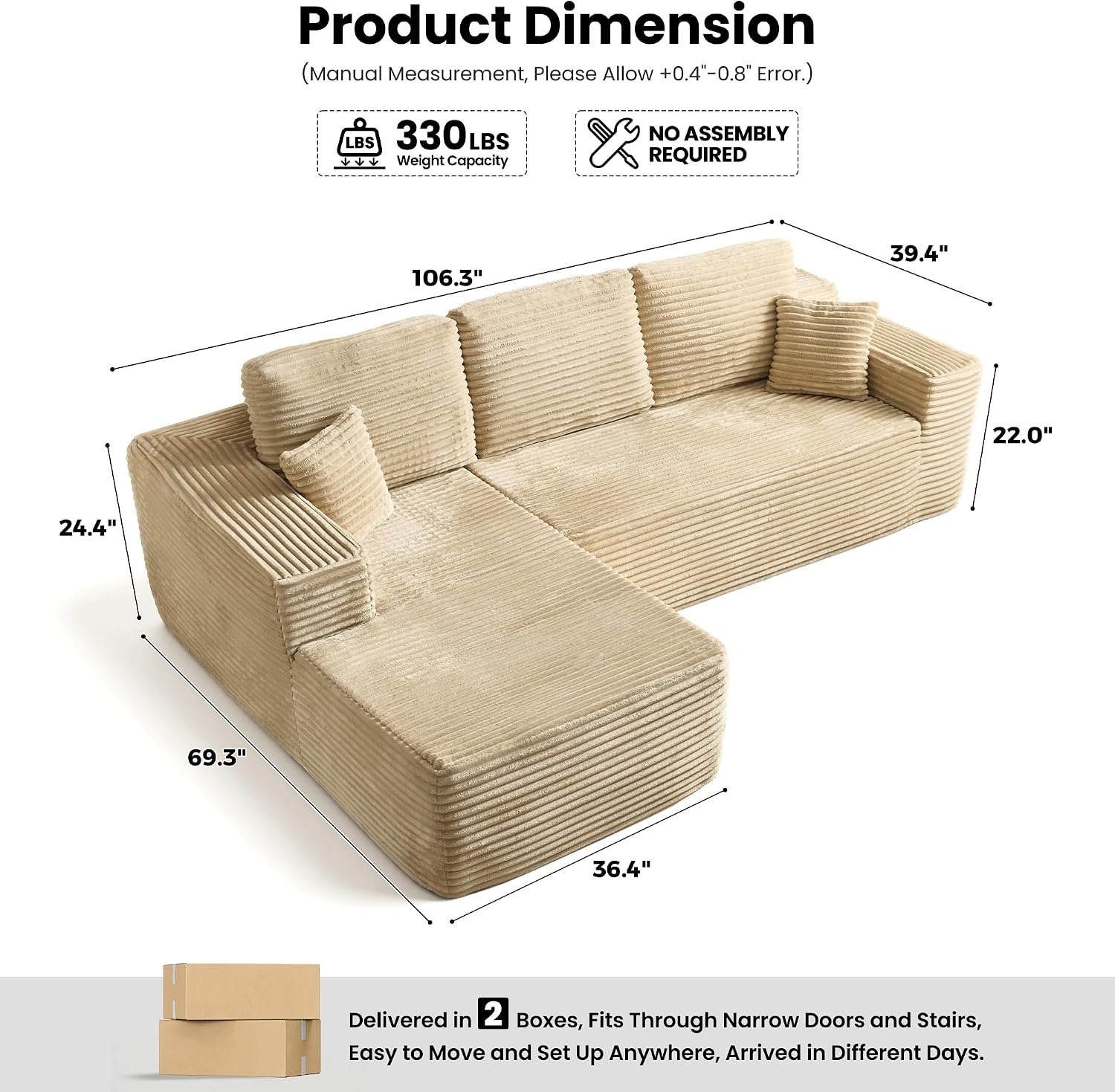 🚀Last Day Special Sale 70% OFF🔥106" L-Shape Modular Couch with Chaise, Plush Corduroy Fabric