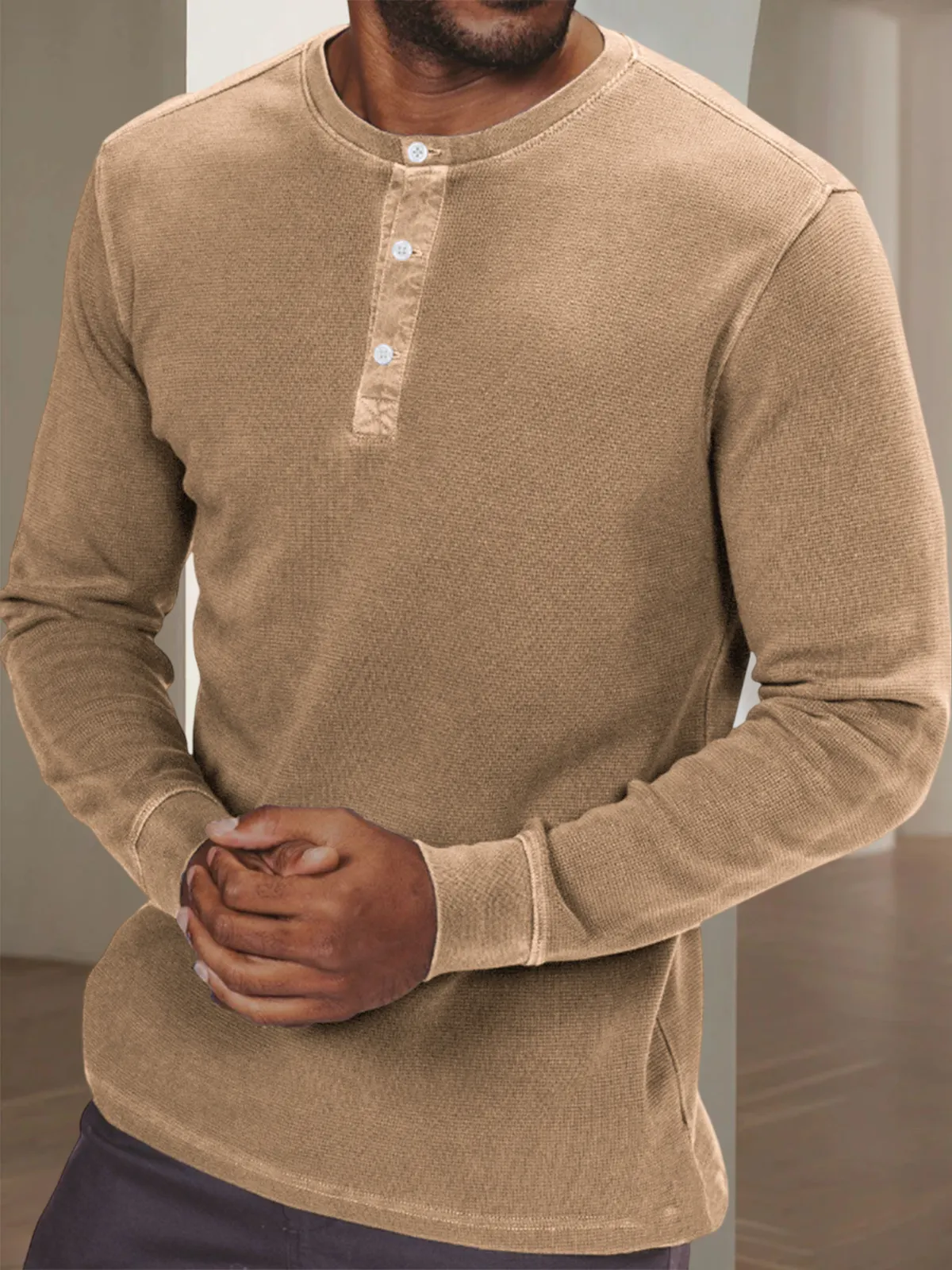 Men's Waffle Retro Dyed Distressed Trendy Casual Long Sleeve Henley Shirt Top