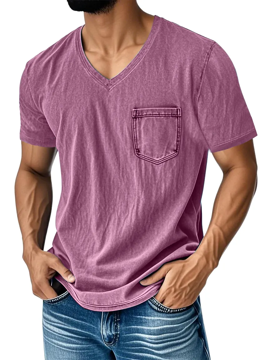 Men's Washed And Distressed Retro V-neck Pocket Casual Short-sleeved T-shirt