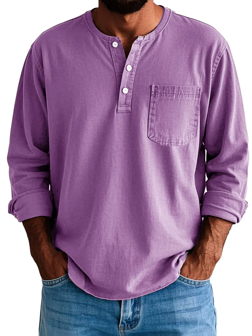 Men's Fashion Vintage Washed Cotton Long Sleeve Pocket Henley Shirt