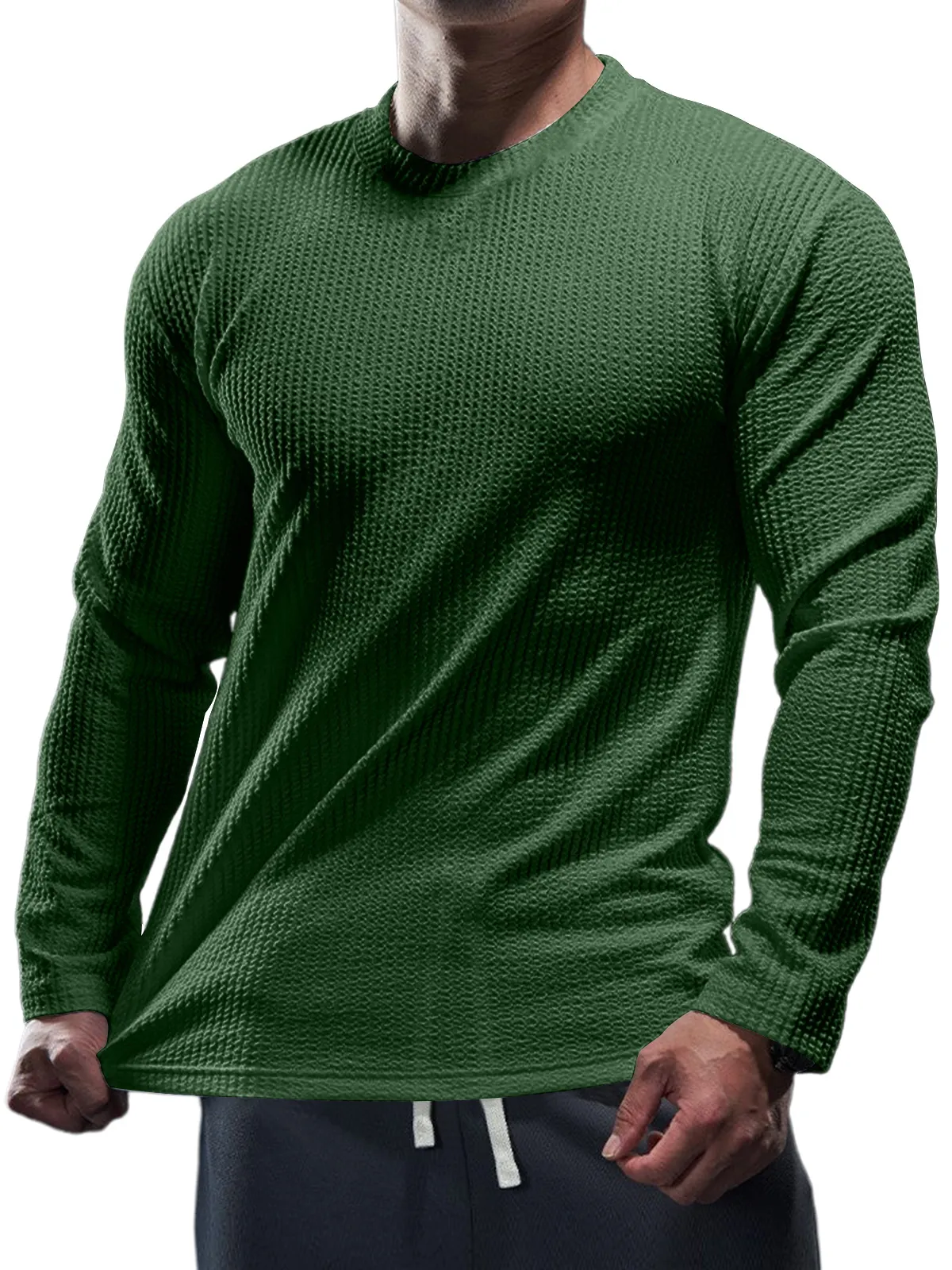 Men's Casual Round Neck Vertical Stripe Solid Color Long-sleeved T-shirt