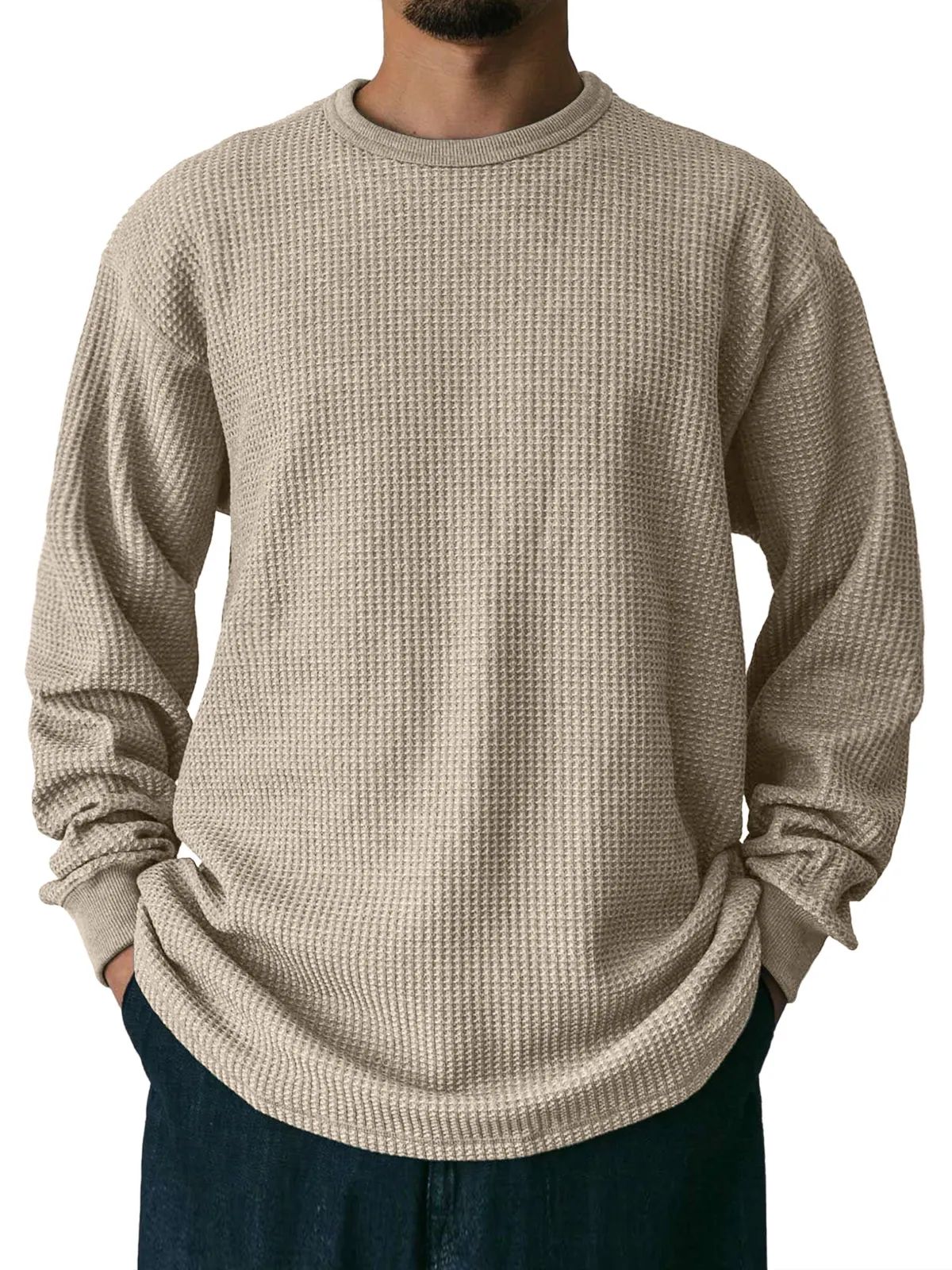 Men's Waffle Round Neck Casual Solid Color Long Sleeve T-Shirt