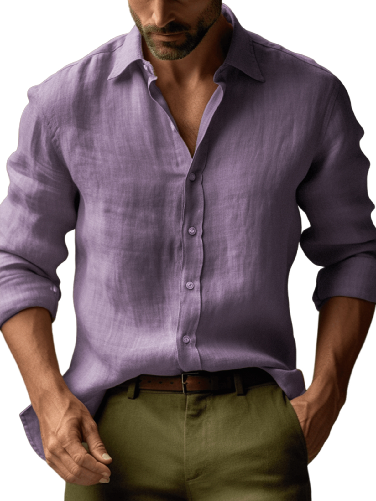 Men's Casual Linen Solid Color Long Sleeve Basic Daily Lapel Shirt