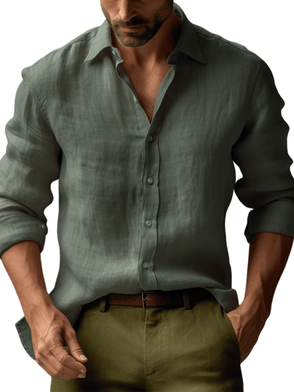Men's Casual Linen Solid Color Long Sleeve Basic Daily Lapel Shirt