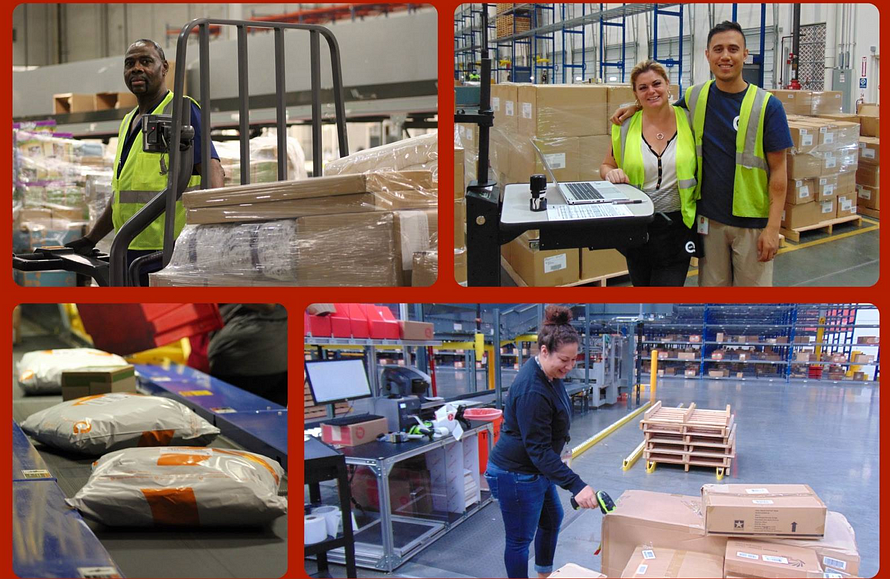 Warehouse workers handling and scanning packaged inventory