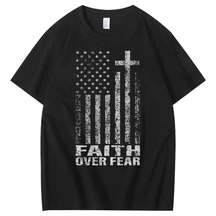  Faith Over Fear Amercian Flag Pattern Printing Print Crew Neck T-Shirt