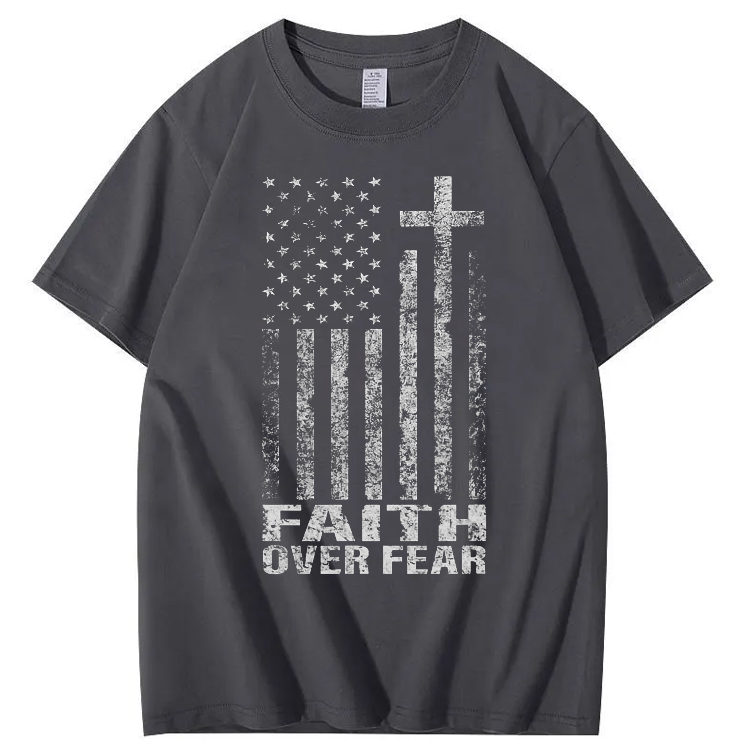  Faith Over Fear Amercian Flag Pattern Printing Print Crew Neck T-Shirt