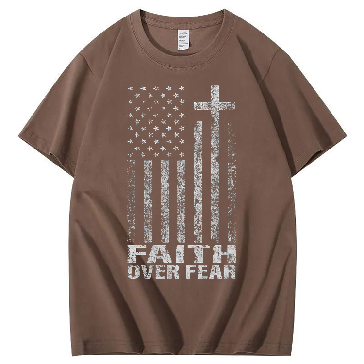  Faith Over Fear Amercian Flag Pattern Printing Print Crew Neck T-Shirt