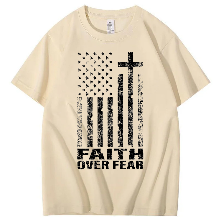  Faith Over Fear Amercian Flag Pattern Printing Print Crew Neck T-Shirt