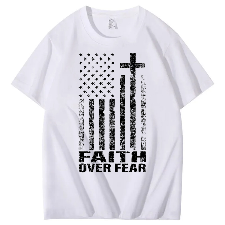  Faith Over Fear Amercian Flag Pattern Printing Print Crew Neck T-Shirt