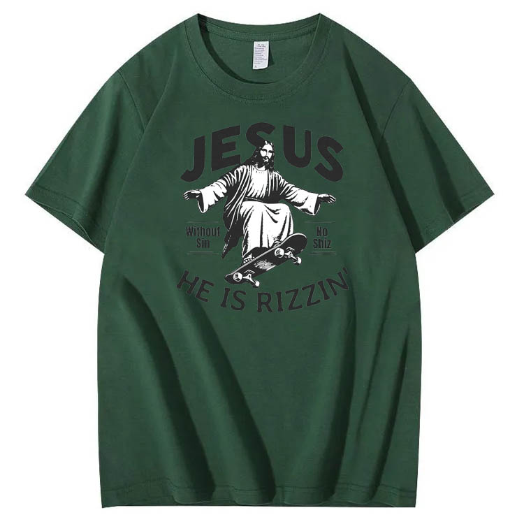  Jesus He is Rizzin' Funny Pattern Print Crew Neck T-Shirt