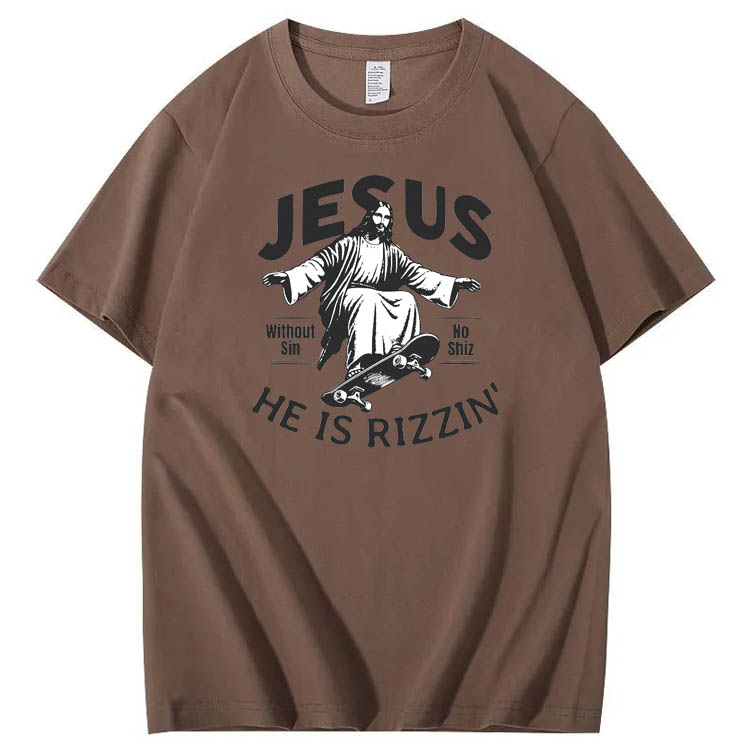  Jesus He is Rizzin' Funny Pattern Print Crew Neck T-Shirt