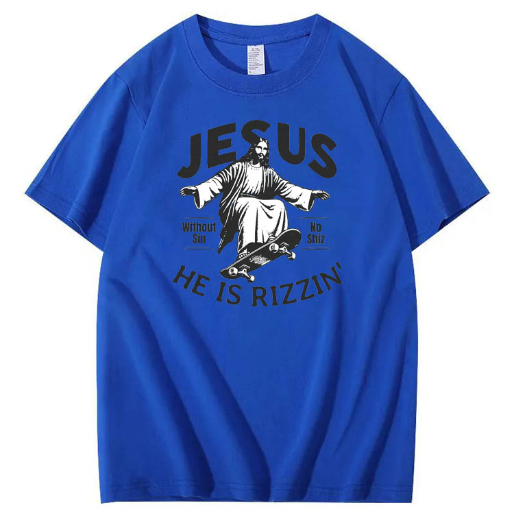  Jesus He is Rizzin' Funny Pattern Print Crew Neck T-Shirt