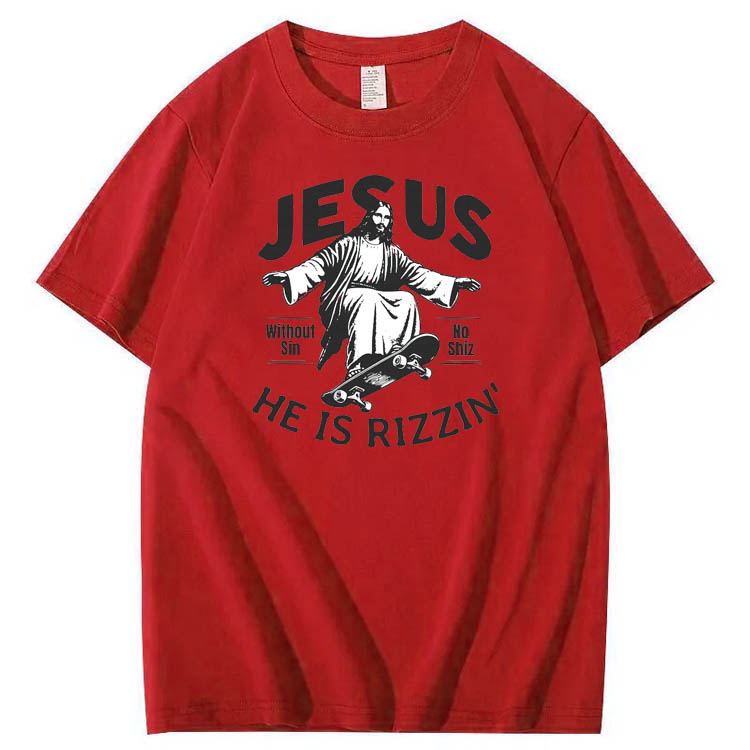  Jesus He is Rizzin' Funny Pattern Print Crew Neck T-Shirt