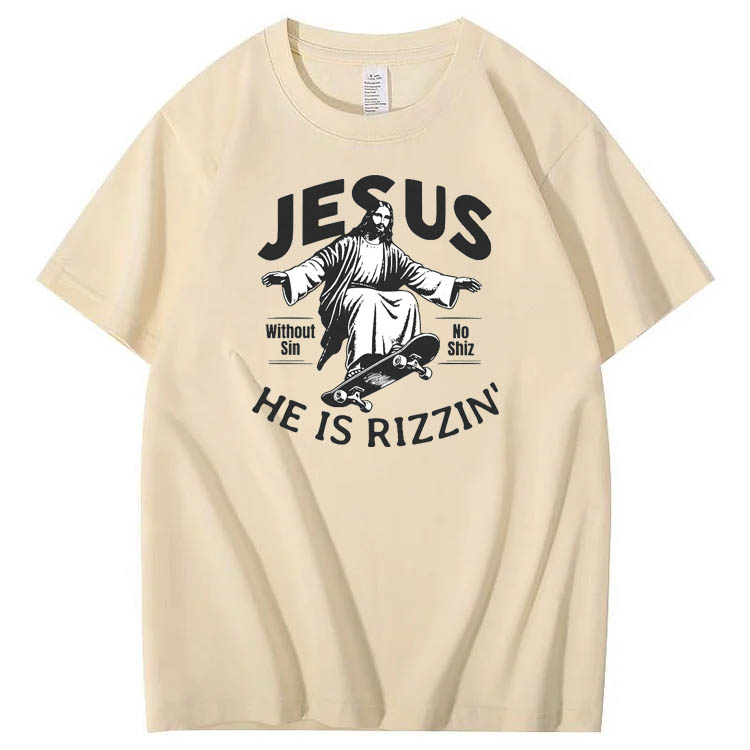  Jesus He is Rizzin' Funny Pattern Print Crew Neck T-Shirt