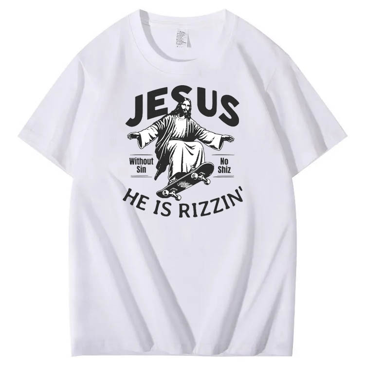  Jesus He is Rizzin' Funny Pattern Print Crew Neck T-Shirt