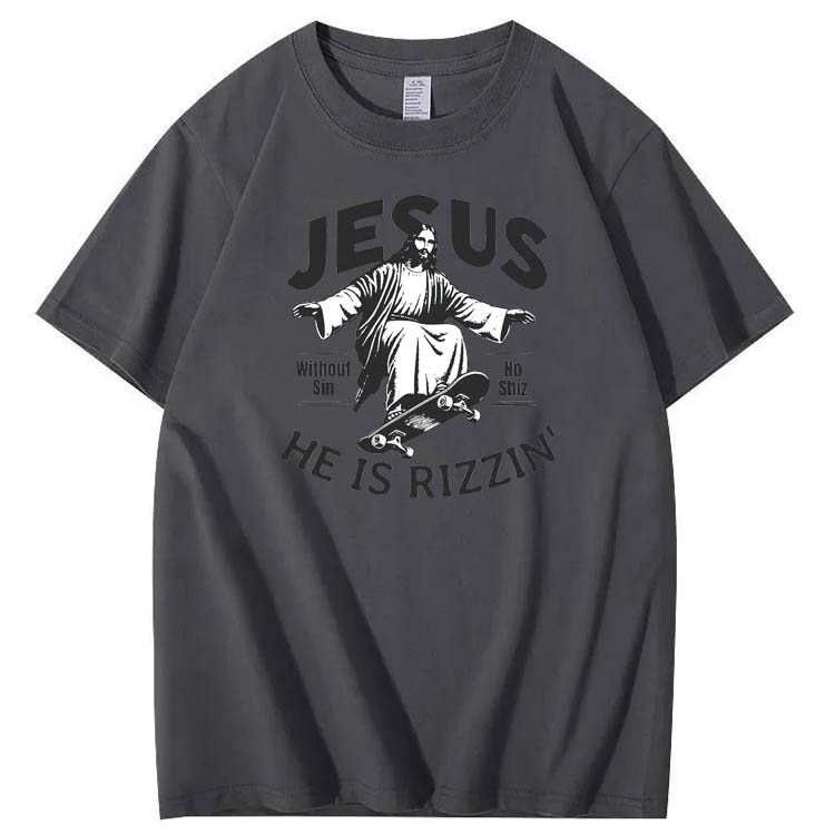  Jesus He is Rizzin' Funny Pattern Print Crew Neck T-Shirt