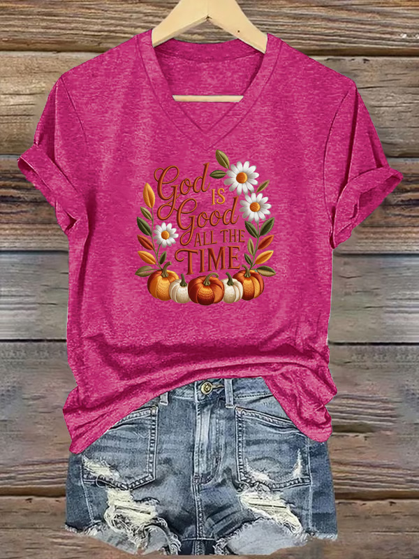  Women's God Good All The Time  Pattern Print V Neck Casual T-Shirt