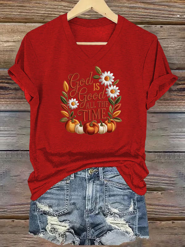  Women's God Good All The Time  Pattern Print V Neck Casual T-Shirt