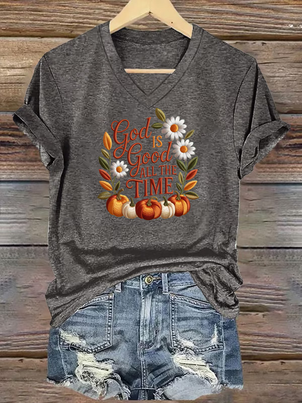  Women's God Good All The Time  Pattern Print V Neck Casual T-Shirt