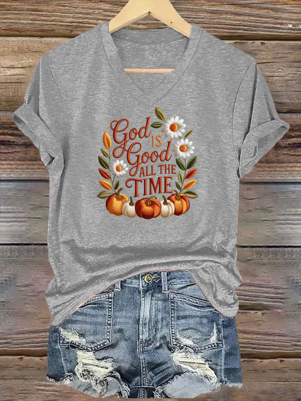  Women's God Good All The Time  Pattern Print V Neck Casual T-Shirt