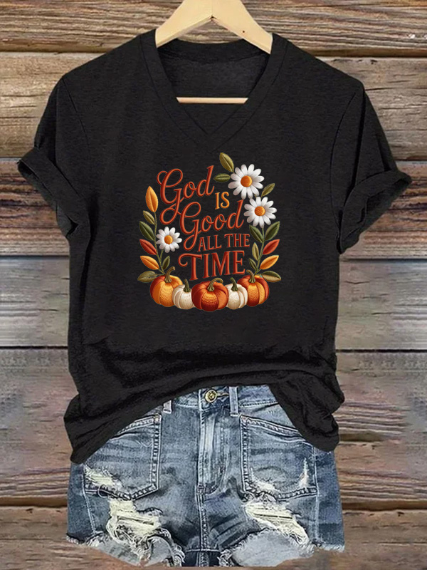  Women's God Good All The Time  Pattern Print V Neck Casual T-Shirt