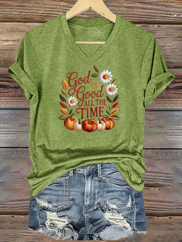  Women's God Good All The Time  Pattern Print V Neck Casual T-Shirt